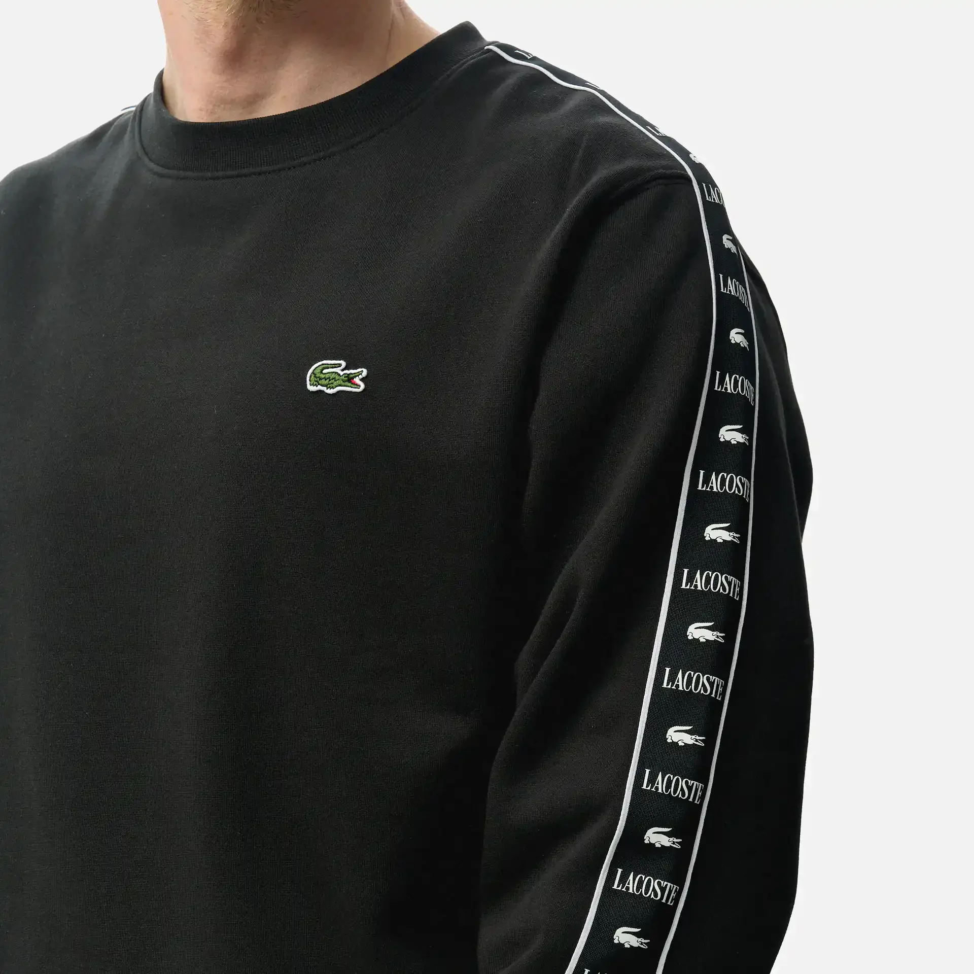  Lacoste Logo Stripe Sleeve Sweatshirt Black