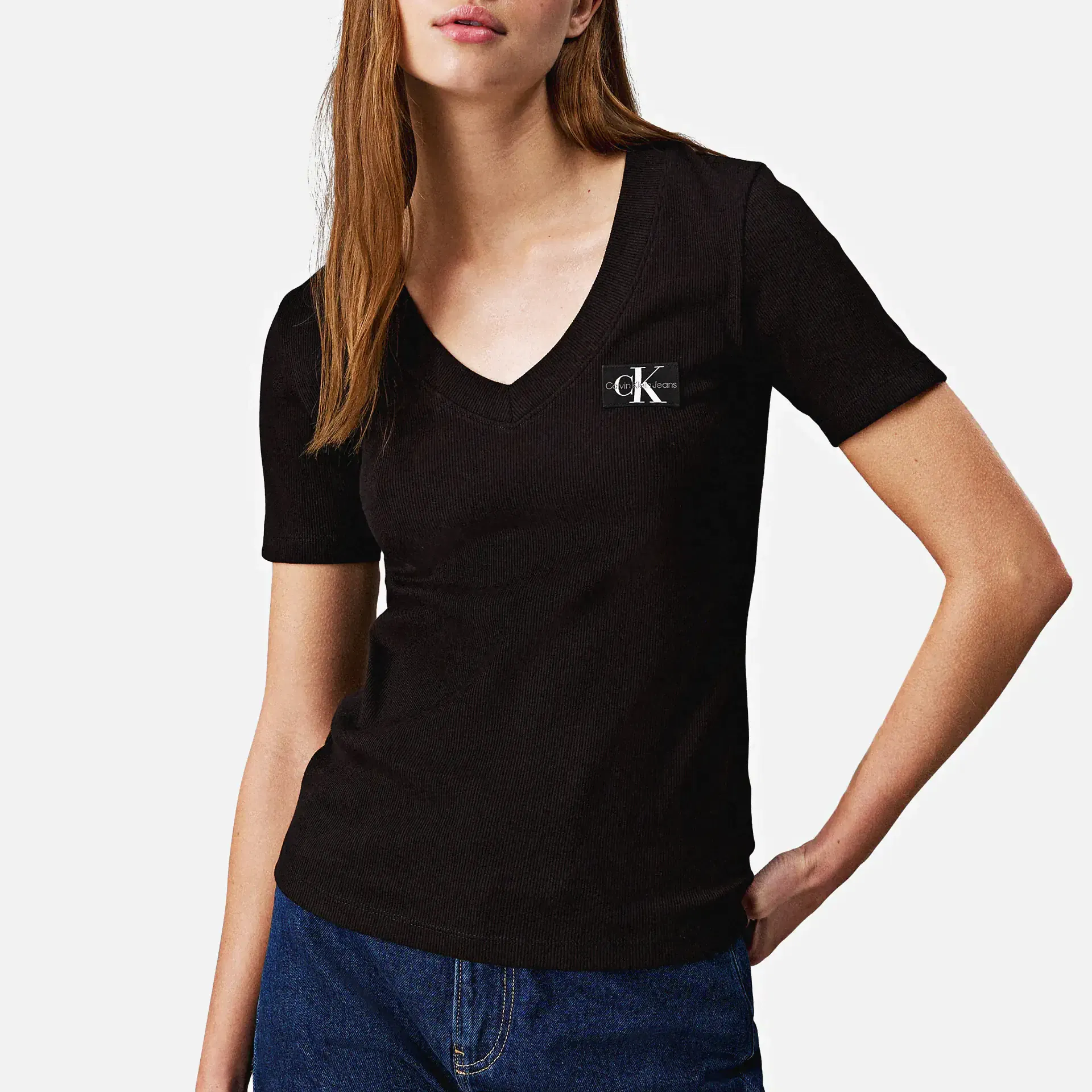Calvin Klein Jeans Woven Label Rib V-Neck T-Shirt Black