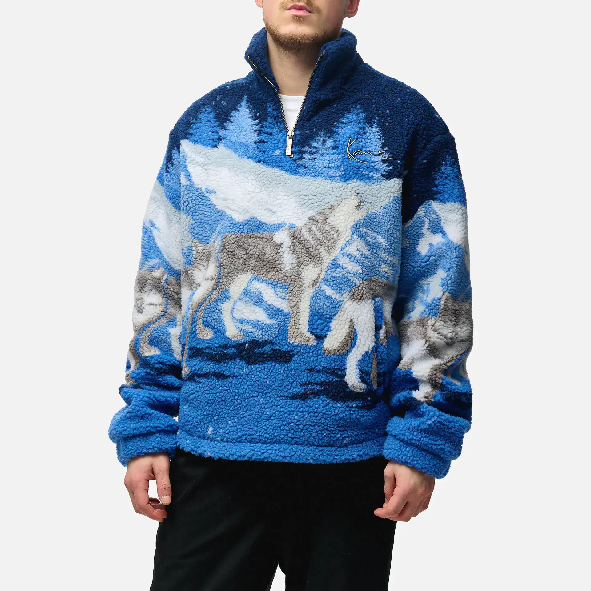 Karl Kani Metal Signature Wolf Teddy Half Zip Sweater Navy/Grey/White