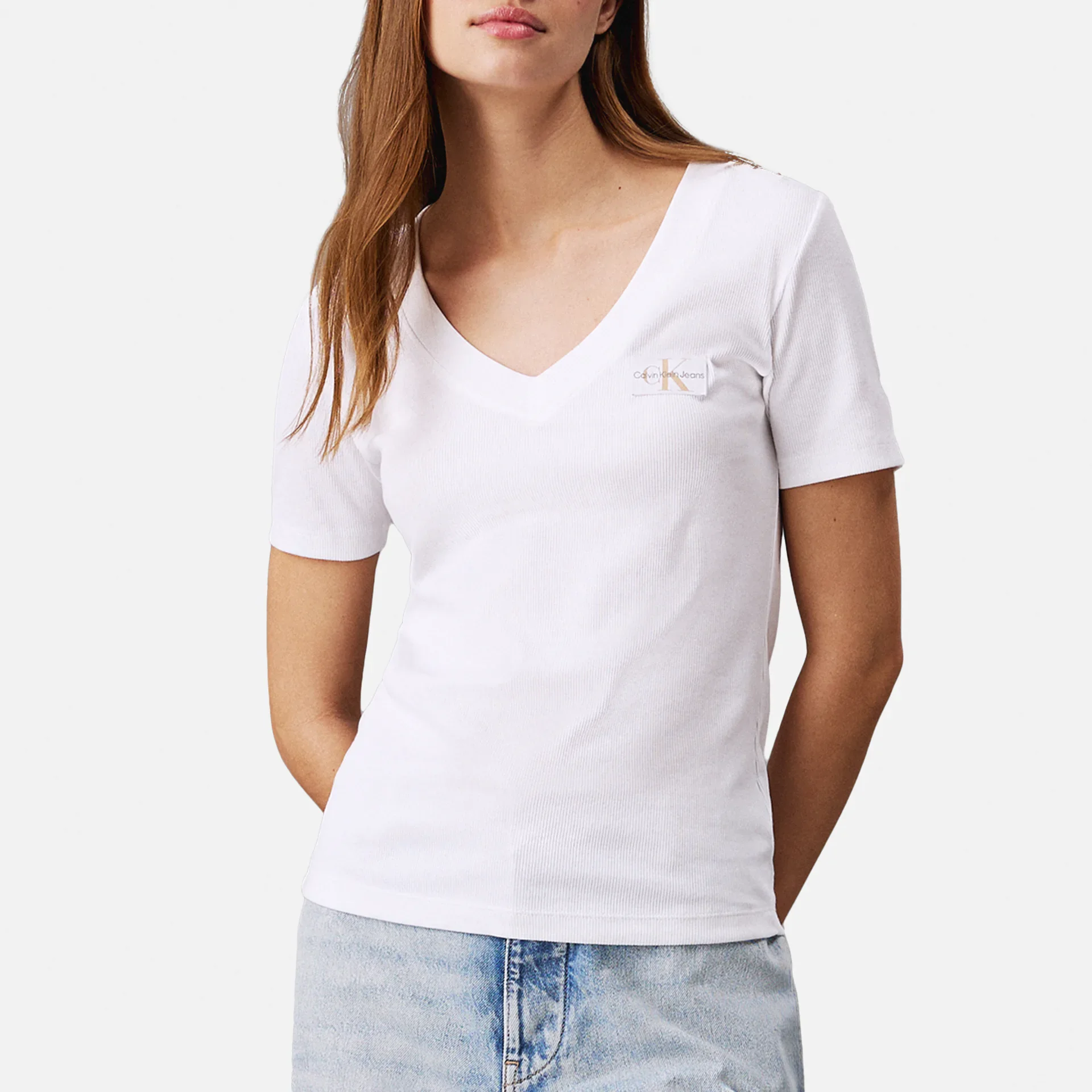 Calvin Klein Jeans Woven Label Rib V-Neck T-Shirt White
