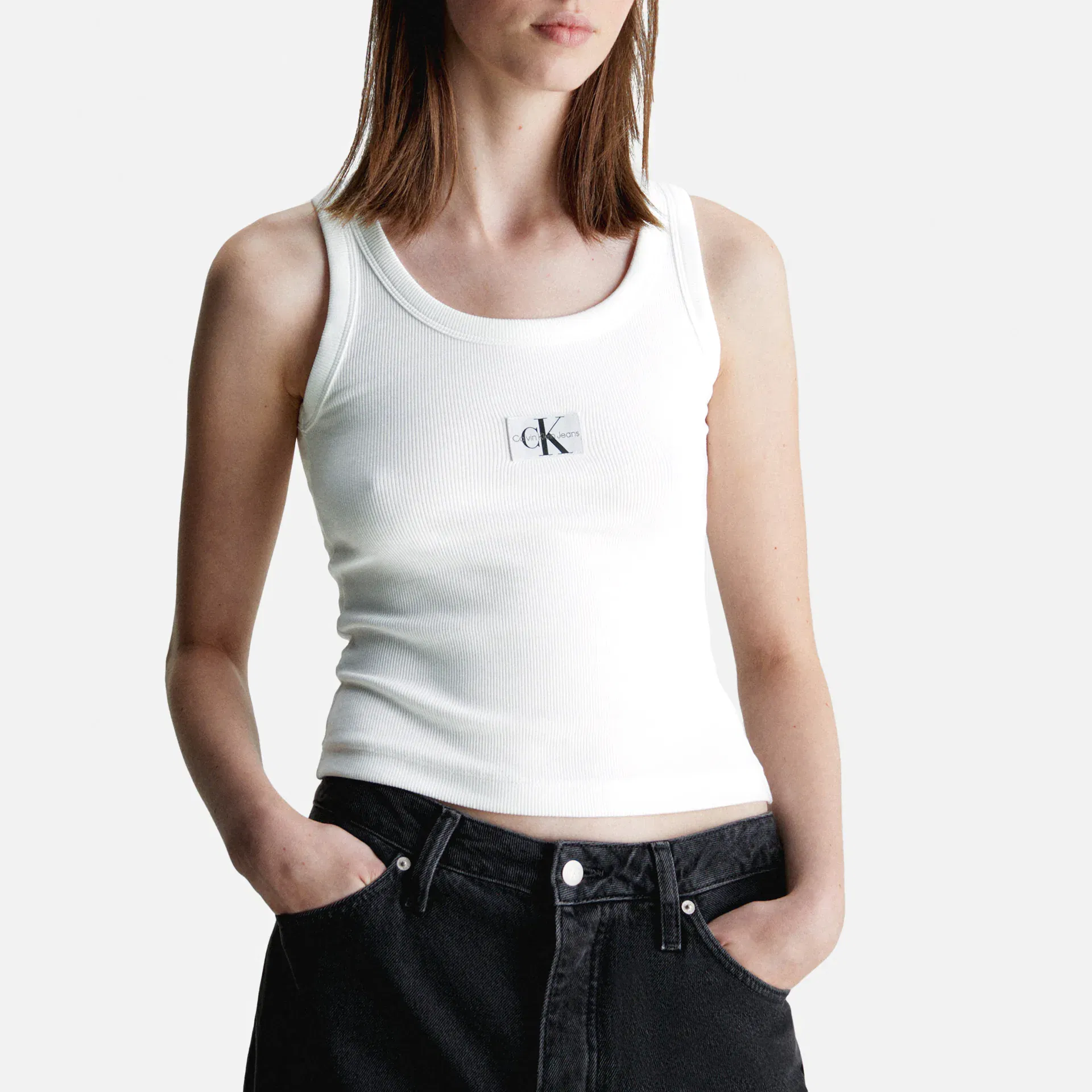 Calvin Klein Jeans Woven Label Rib Tank Top Bright White