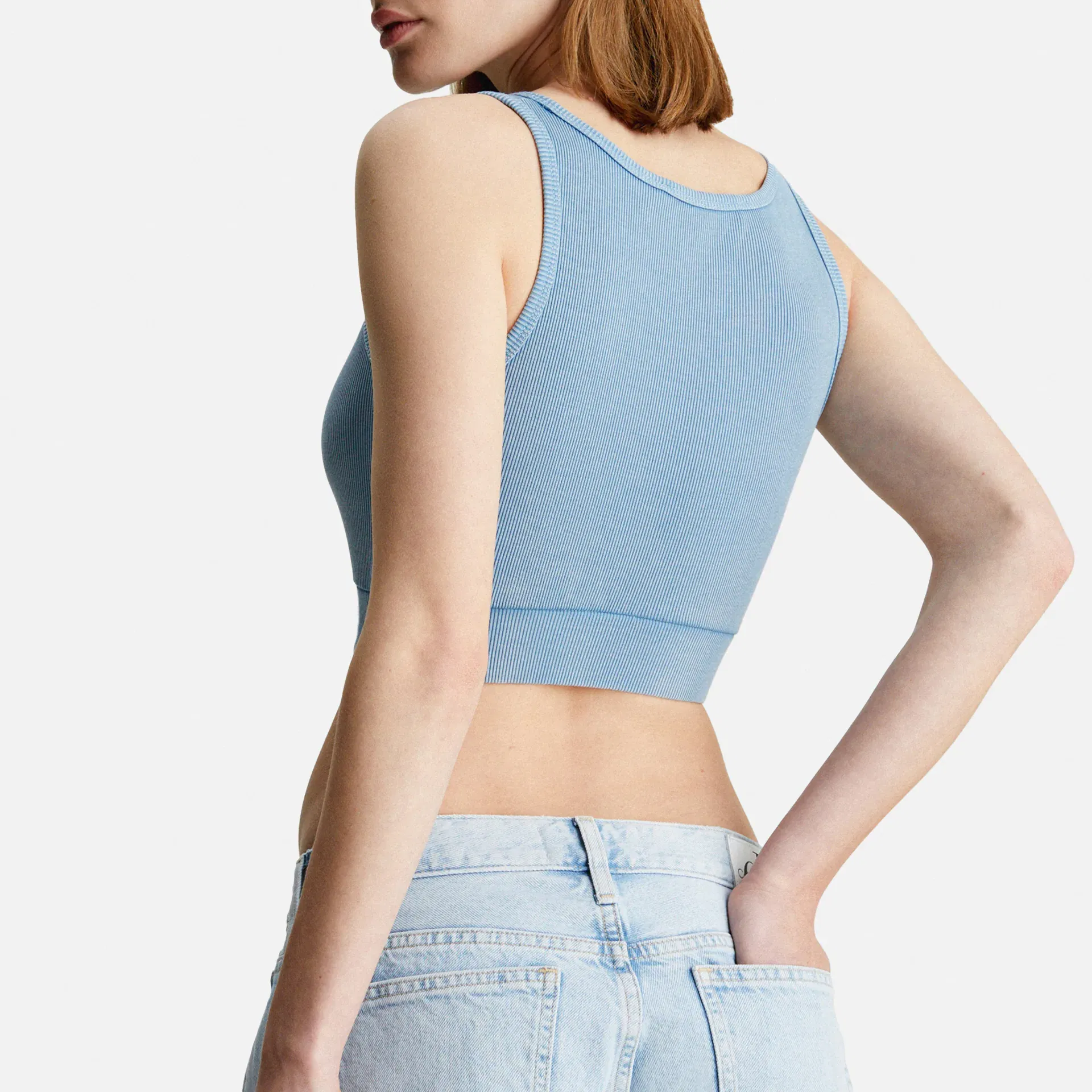 Calvin Klein Jeans Rib Crop V-Neck Top Washed Blue