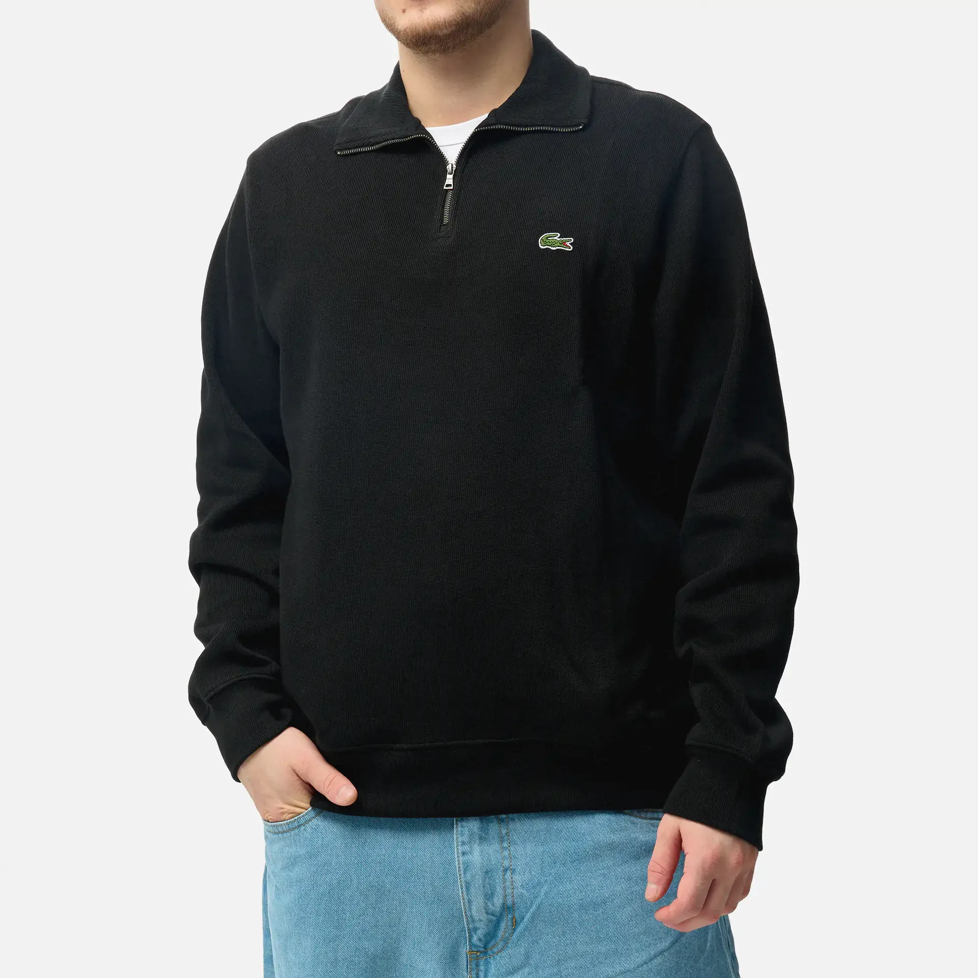Lacoste Stand-Up Collar Cotton Half-Zip Pullover Black