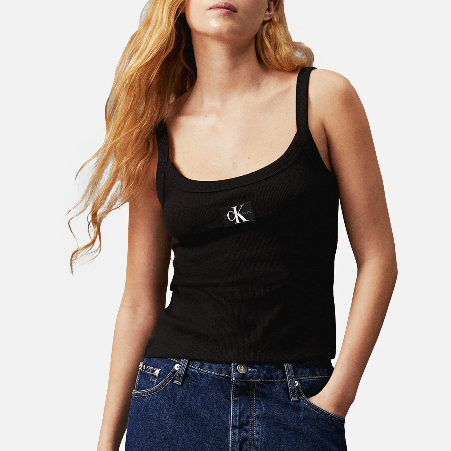 Calvin Klein Jeans Woven Label Rib Tank Top Black