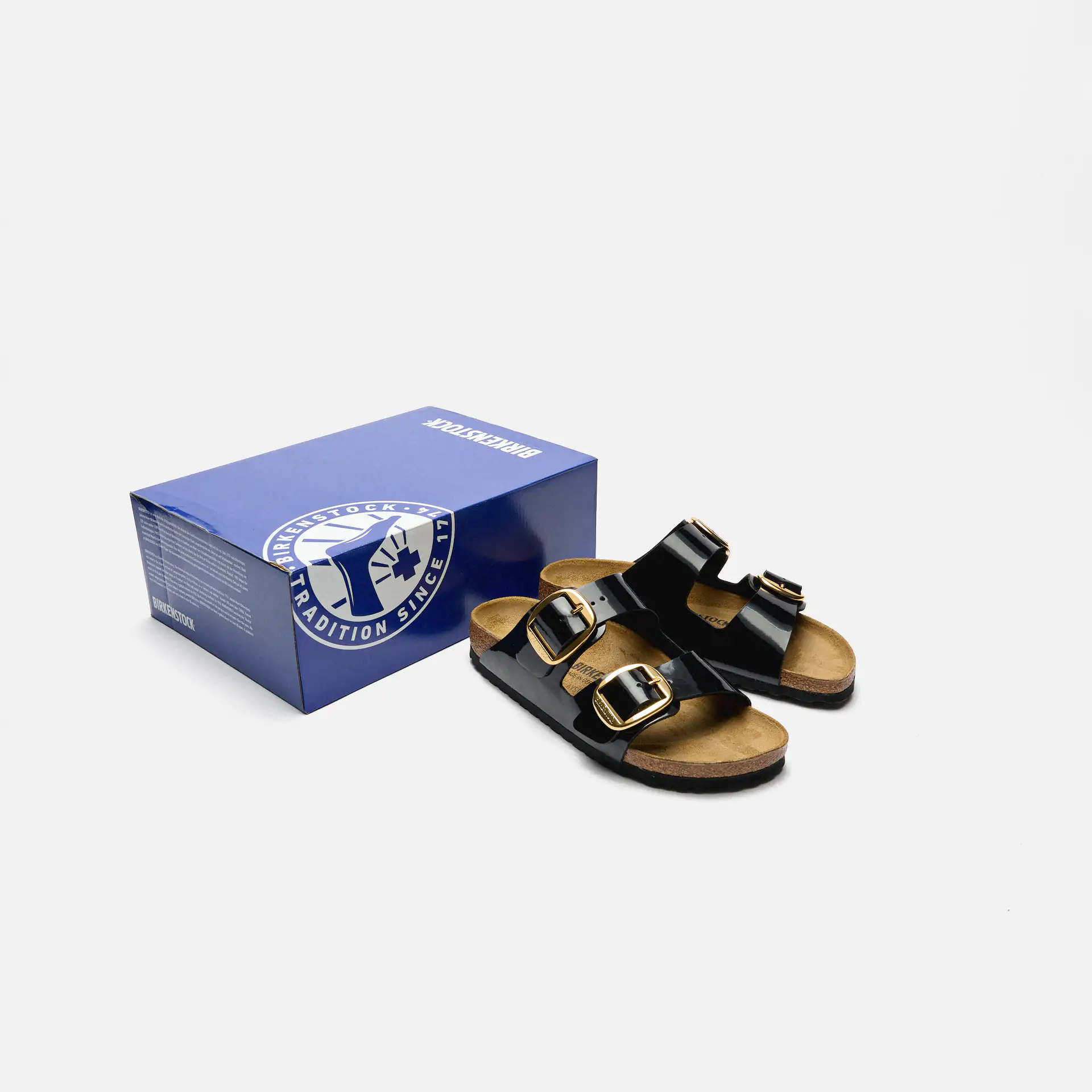 Birkenstock Arizona Big Buckle Birko-Flor Sandals Patent Black Gold